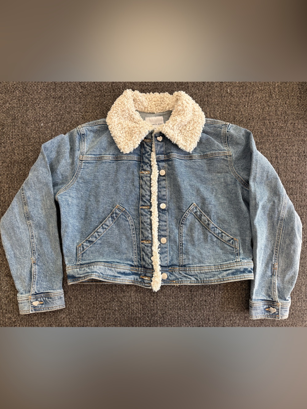 NWT Celebrity Pink Sherpa Collar Denim Jacket Women’s L Blue Jean Trucker